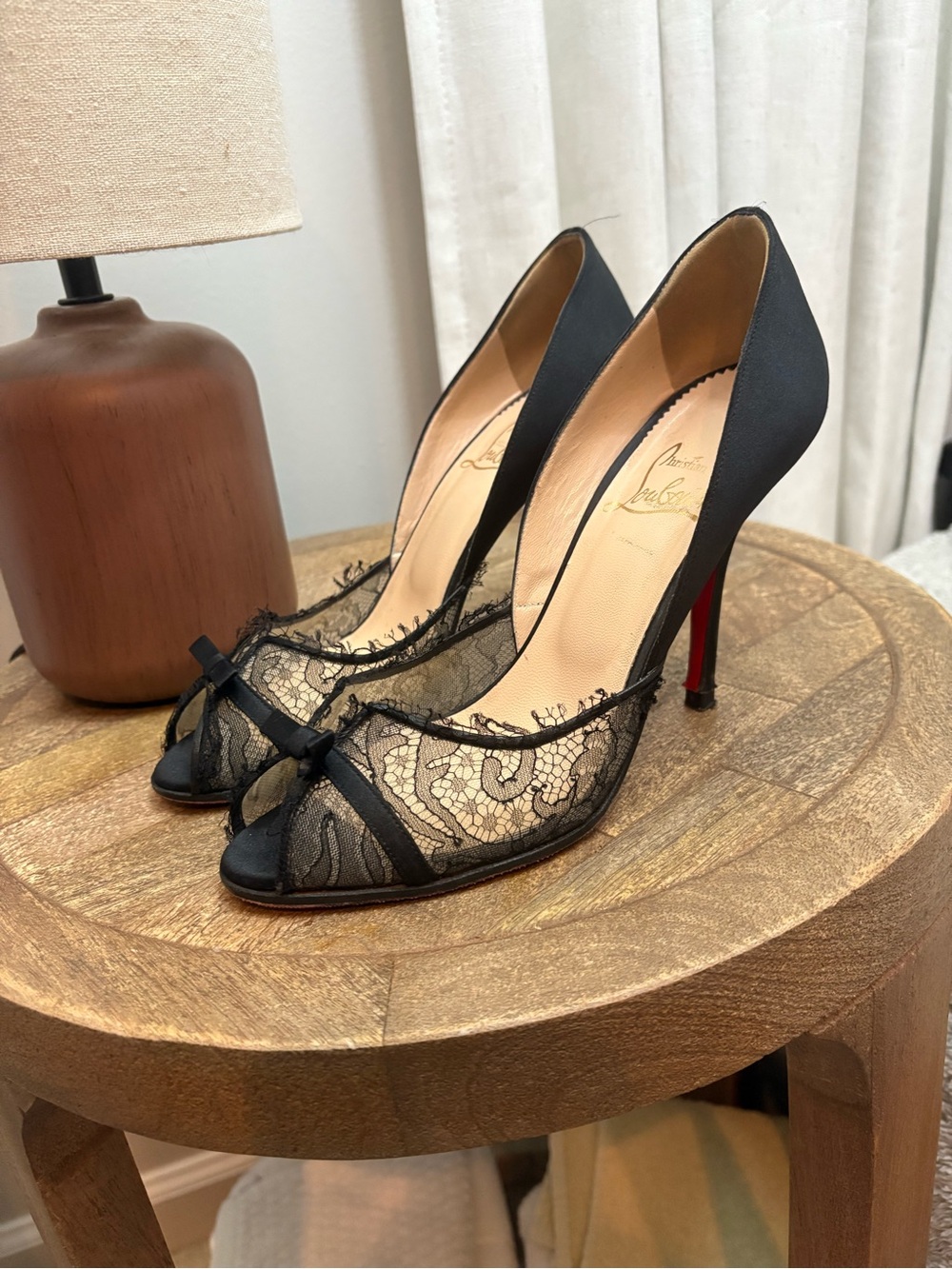Christian Louboutin Black Lace Peep-Toe Heels with Bow